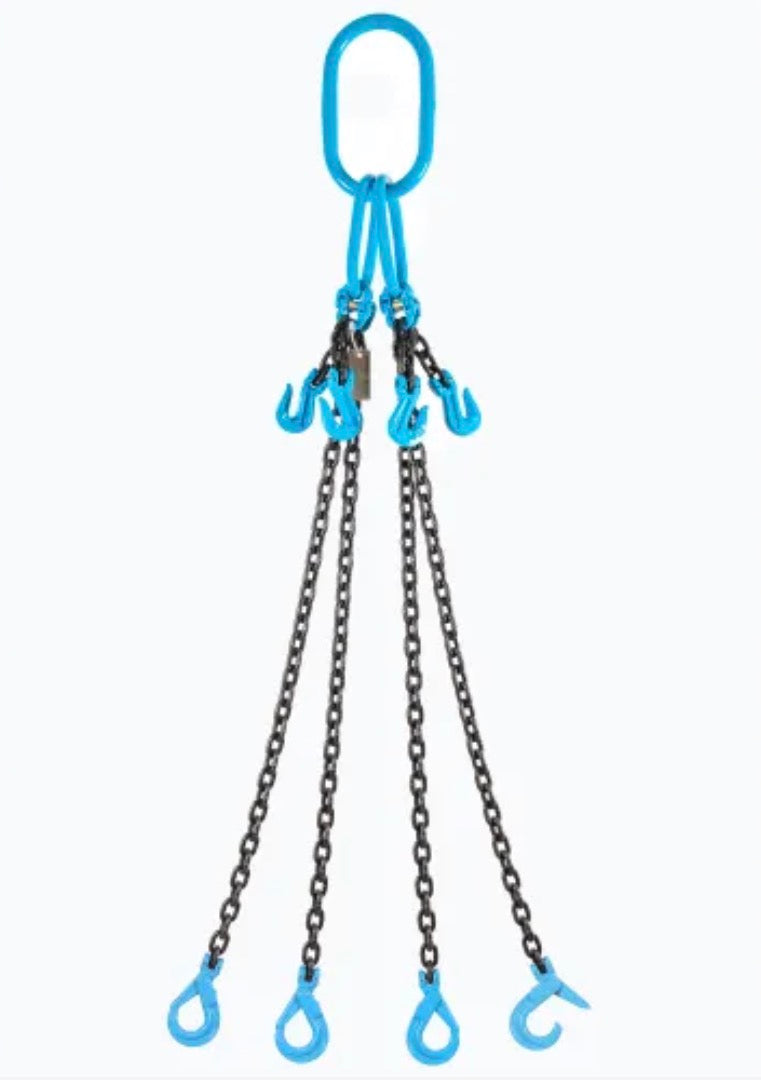 3/8" x 12’ Adjustable Chain Sling - 4-Leg (Grade 100) - AQOS - WLL 22900lbs At 60° - Sling Hooks