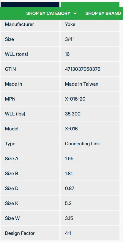 Yoke 3/4" Grade 100 Web Sling Connecting Link - WLL 35,300 lbs.