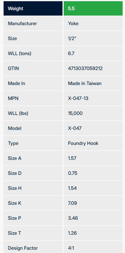Yoke 1/2" Grade 100 Eye Foundry Hook - WLL 15,000 lbs